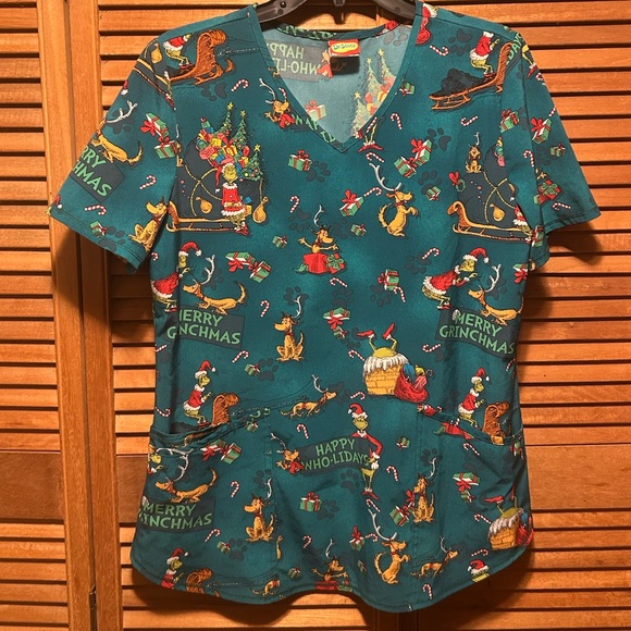 Dr. Seuss How the Grinch Stole Christmas Teal Holiday Print Scrub - Picture 2 of 15